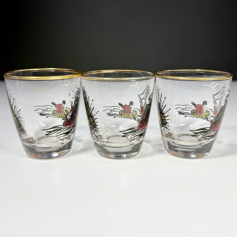 VTG Libbey Treasure Island Gold Rim Shot Glasses Pirate Ship MCM Barware Set/3